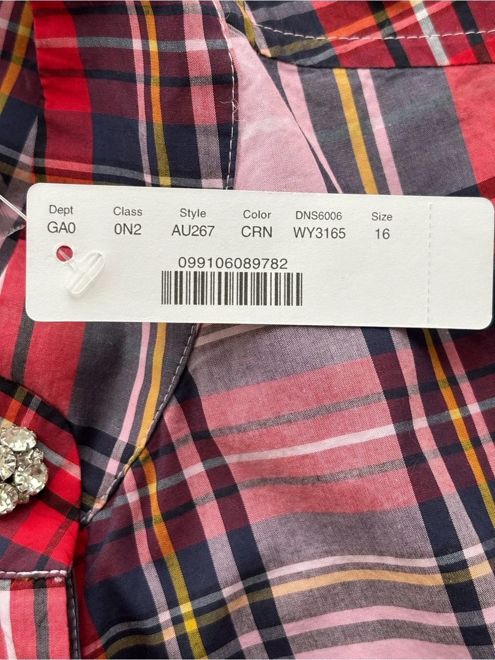 J.Crew Pink Stewart Tartan Band-Collar Popover Blouse NWT Jeweled Buttons 16